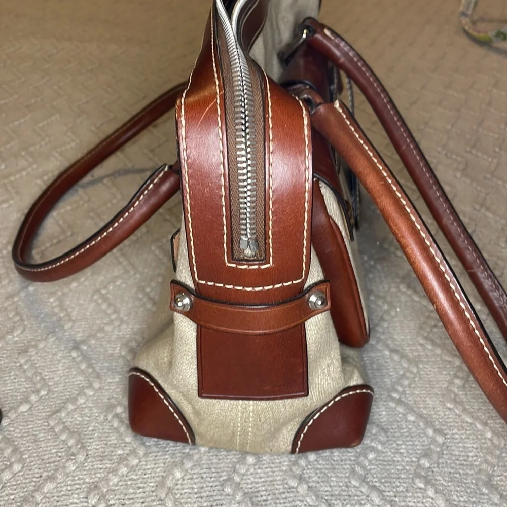 Dooney & Bourke Double Pocket Tote Purse in brown colored monogram. - Picture 7 of 14